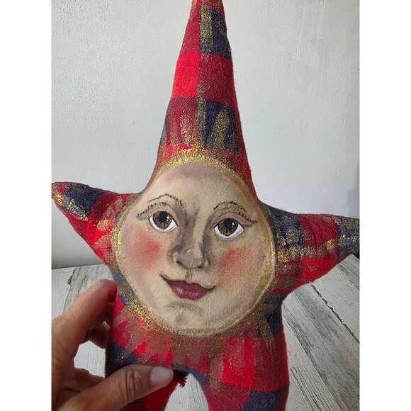 Plush anthromorphic star Sun vintage Xmas decor hanging plaid red blue gold glit - Picture 2 of 8